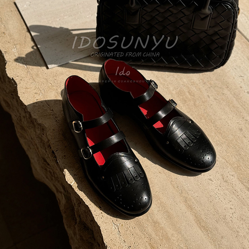 ido黑色真皮玛丽珍鞋女2026新款平底双扣带流苏复古英伦风单鞋潮,女鞋,玛丽珍鞋,淘宝优惠券,粉丝福利购,淘宝优惠卷