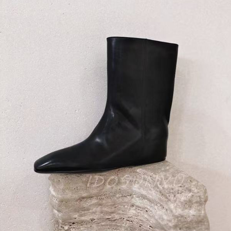 ido真皮方头平底短靴女