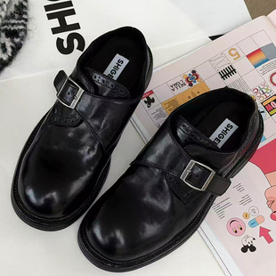 诗歌兰真皮厚底乐福鞋女英伦风2026春款皮带扣圆头百搭复古小皮鞋