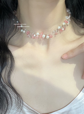其他人造珍珠颈链女粉色项链