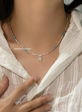 秋十一Acc 清新夏日蓝色珠珠碎银子小方糖项链