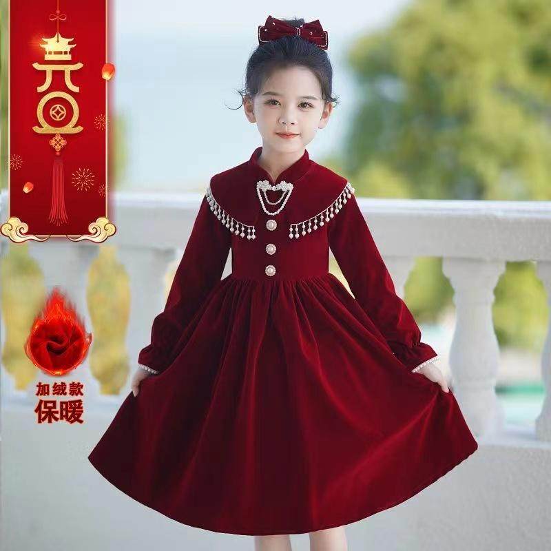 女童红色新年连衣裙秋冬儿童小女孩洋气生日宴会金丝绒公主裙子