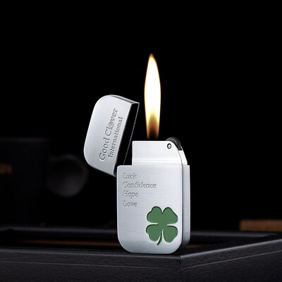 博达四叶草复古砂轮充气打火机明火高档纤巧个性时尚高颜值超薄男