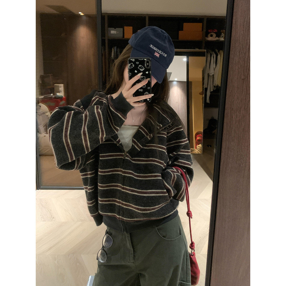 秋冬韩系复古撞色条纹软糯开衫连帽卫衣女加绒加厚慵懒风短款外套