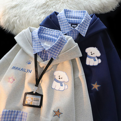 秋冬季美式复古学院风假两件刺绣加绒加厚连帽卫衣女宽松情侣外套