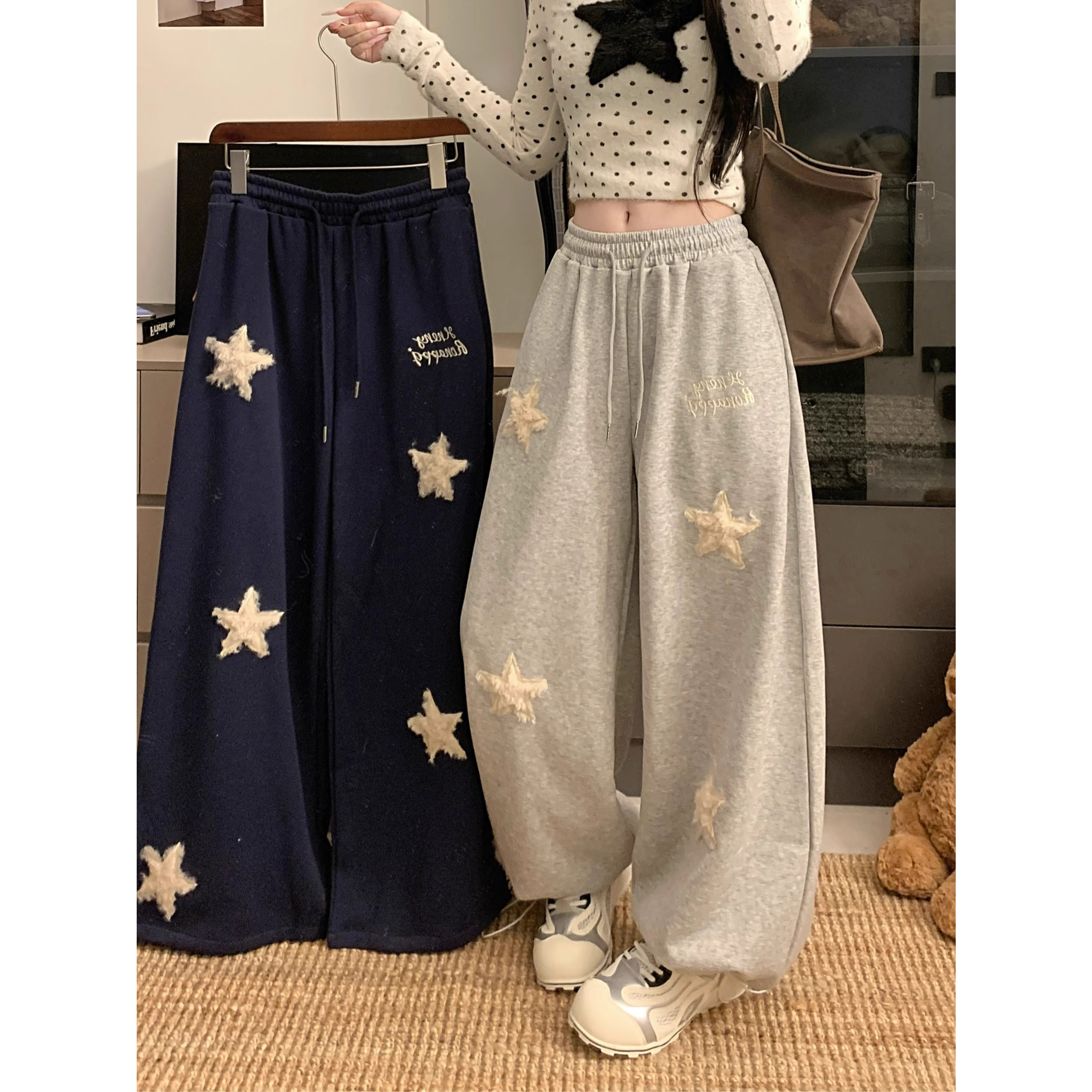 秋季复古潮牌星星刺绣阔腿卫裤女百搭宽松bf慵懒加绒拖地休闲裤子,女装/女士精品,休闲裤,淘宝优惠券,粉丝福利购,淘宝优惠卷