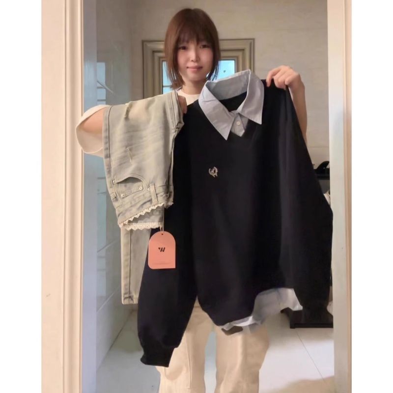 2025秋冬美式复古学院风假两件polo领卫衣女宽松加绒加厚休闲上衣