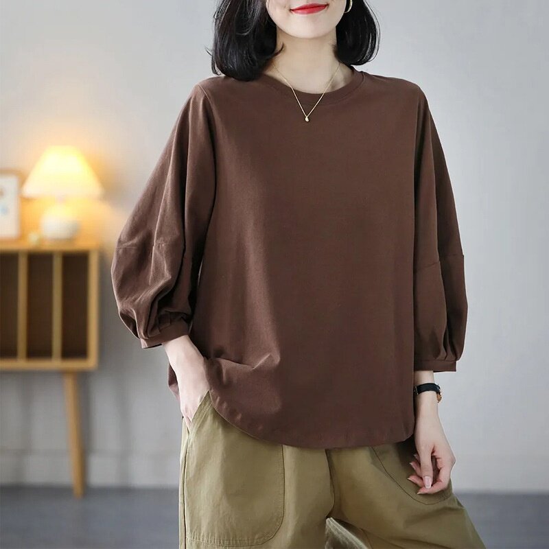 春夏纯色百搭灯笼袖七分袖T恤女