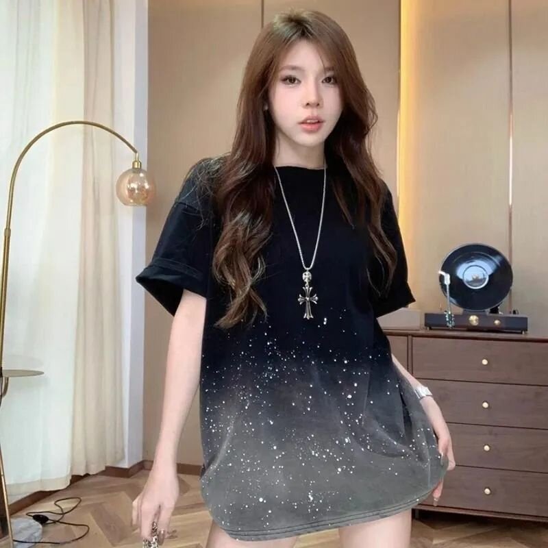 黑色星空渐变扎染短袖长T恤女