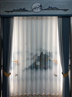 现代新中式中国风水墨画真丝棉数码印花纱帘客厅卧室阳台隔断纱帘