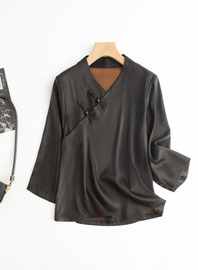 斜襟V领重磅真丝香云纱上衣女宽松休闲黑色七分袖桑蚕丝重缎小衫
