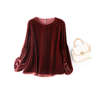 气质圆领真丝丝绒长袖上衣女宽松显瘦桑蚕丝鸟巢袖套头百搭打底衫