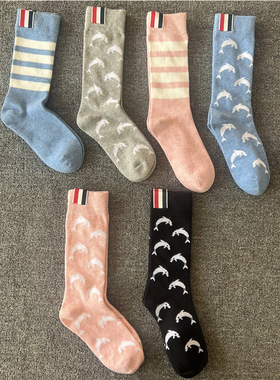 TB灰色四杠条纹袜子女秋冬季纯棉加厚中筒袜黑色小腿袜过膝袜长袜