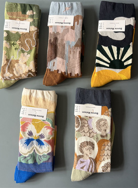 新品法国Bonne Maison中筒袜子男女油画袜小众趣味文艺色彩袜花袜