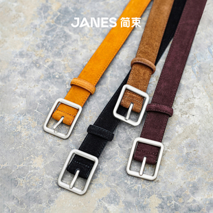 简束极简银色方扣磨砂皮女士真皮腰带反绒皮牛皮皮带复古有质感
