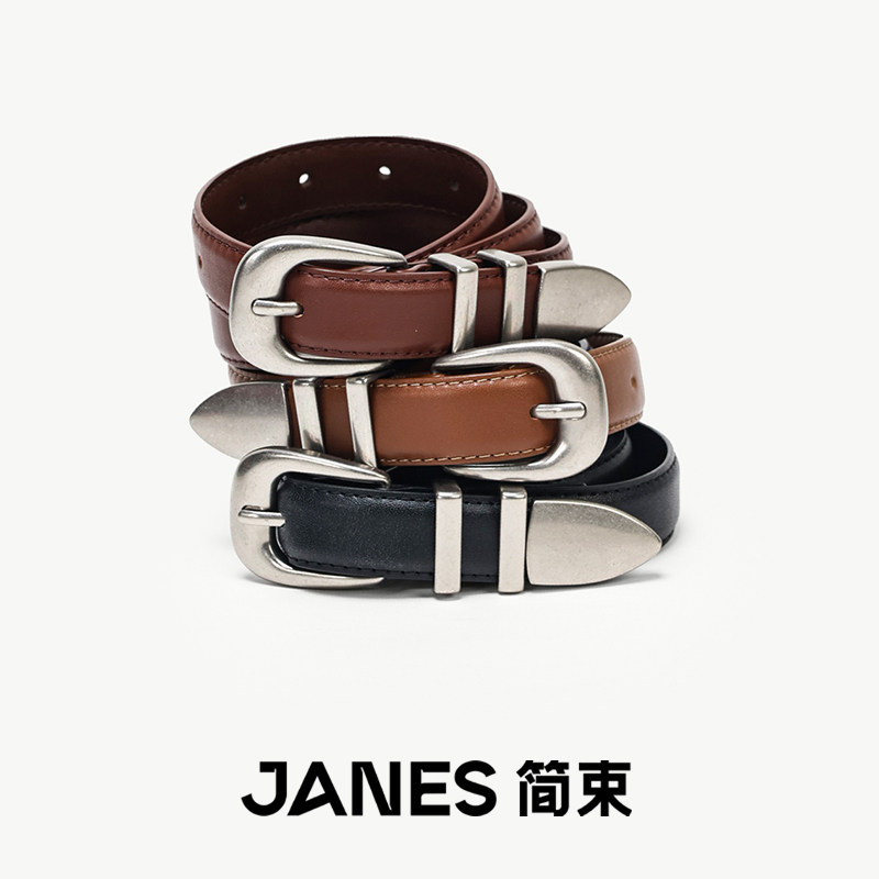 简束个性质感做旧银扣牛皮腰带女图片