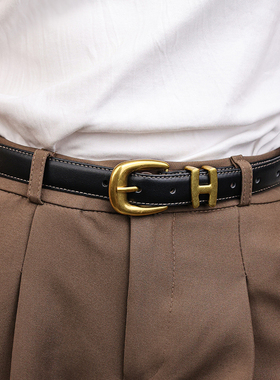 简束金色针扣皮带女士真皮百搭牛仔裤带复古头层牛皮黑色腰带女款