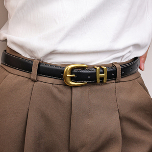 简束金色针扣皮带女士真皮百搭牛仔裤 带复古头层牛皮黑色腰带女款