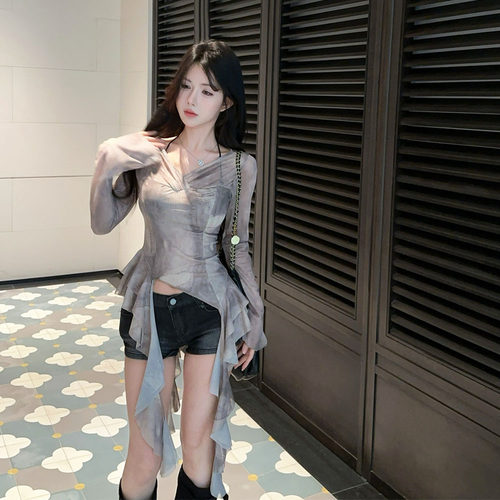 18YX3580欧美2026跨境外贸批发辣妹印花微透网纱荷叶边废土风T恤