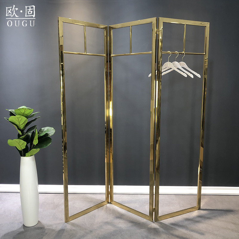 服装店不锈钢定制女装展示架钛金色镜面落地式屏风橱窗道具衣帽架