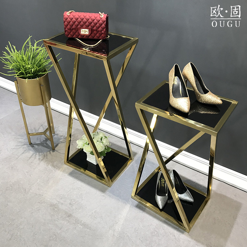服装店男女装橱窗装饰高低流水台不锈钢定制钛金色鞋子包包展示架