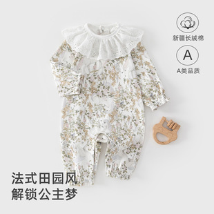 新生儿连体衣纯棉A类长袖套头花边哈衣春季新款公主风可爱外出服