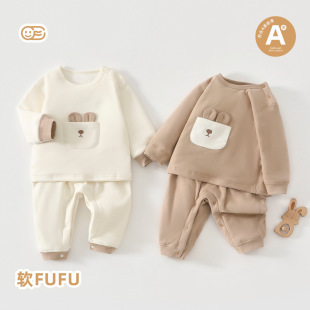 婴儿秋冬纯棉肩扣居家套装男童卡通长袖内衣内裤宝宝秋季衣服40克