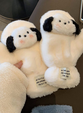 可爱毛绒手套女冬季小狗保暖加绒加厚全包连指学生骑行防寒手套冬