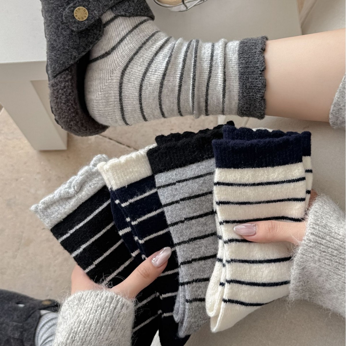 拼色泡泡口花边袜子2025秋冬新款