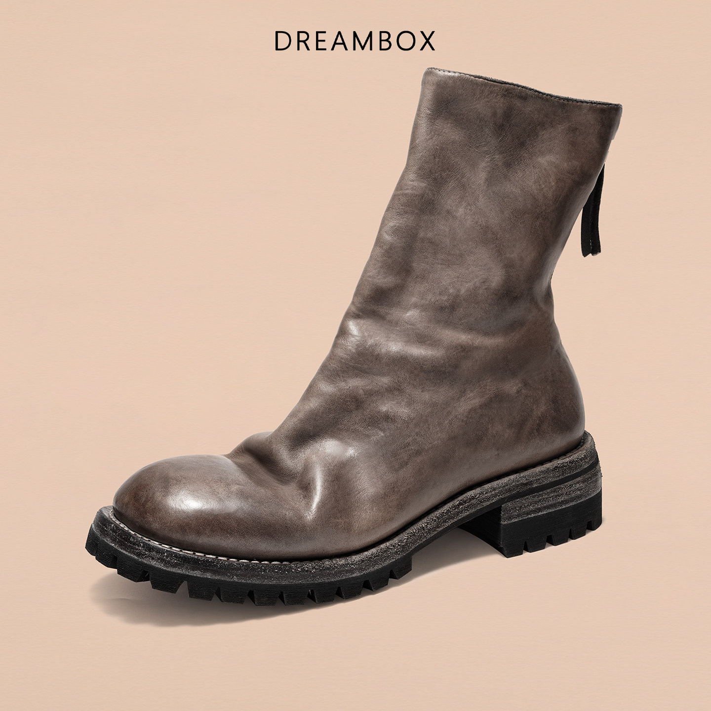 DREAMBOX钧博男士靴子水洗马皮厚底防滑皮靴中筒后拉链固特异倒靴
