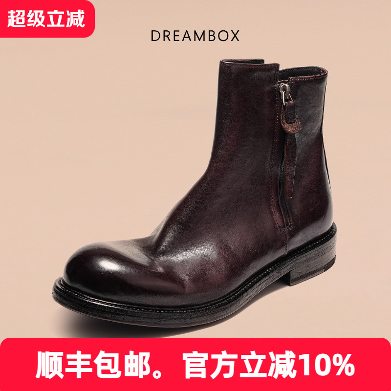 dreambox钧博石洗马皮男靴2025秋冬新款高帮拉链皮靴英伦复古靴子