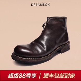 DREAMBOX钧博英伦复古男靴水洗马皮固特异手工皮靴侧拉链男士靴子