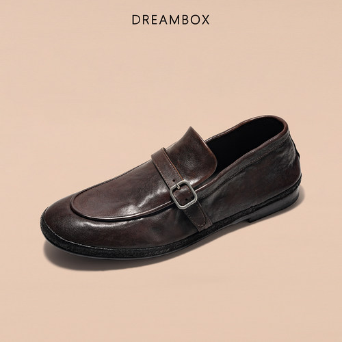 DREAMBOX钧博男士一脚蹬轻便乐福鞋石洗马皮透气百搭舒适懒人鞋
