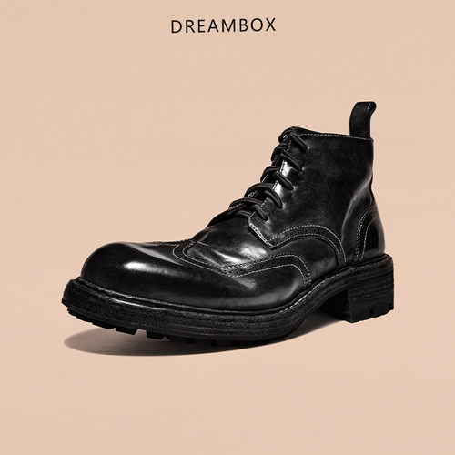 DREAMBOX钧博vibram马皮工装布洛克雕花男靴厚底耐磨复古潮流皮靴