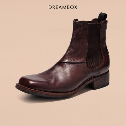 DREAMBOX钧博真皮男士厚底耐磨方头切尔西靴英伦复古手工套筒皮靴