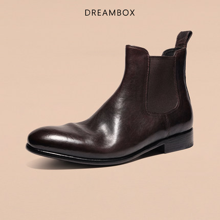 DREAMBOX钧博男靴2025新款小圆头切尔西靴石洗马皮英伦风复古皮靴