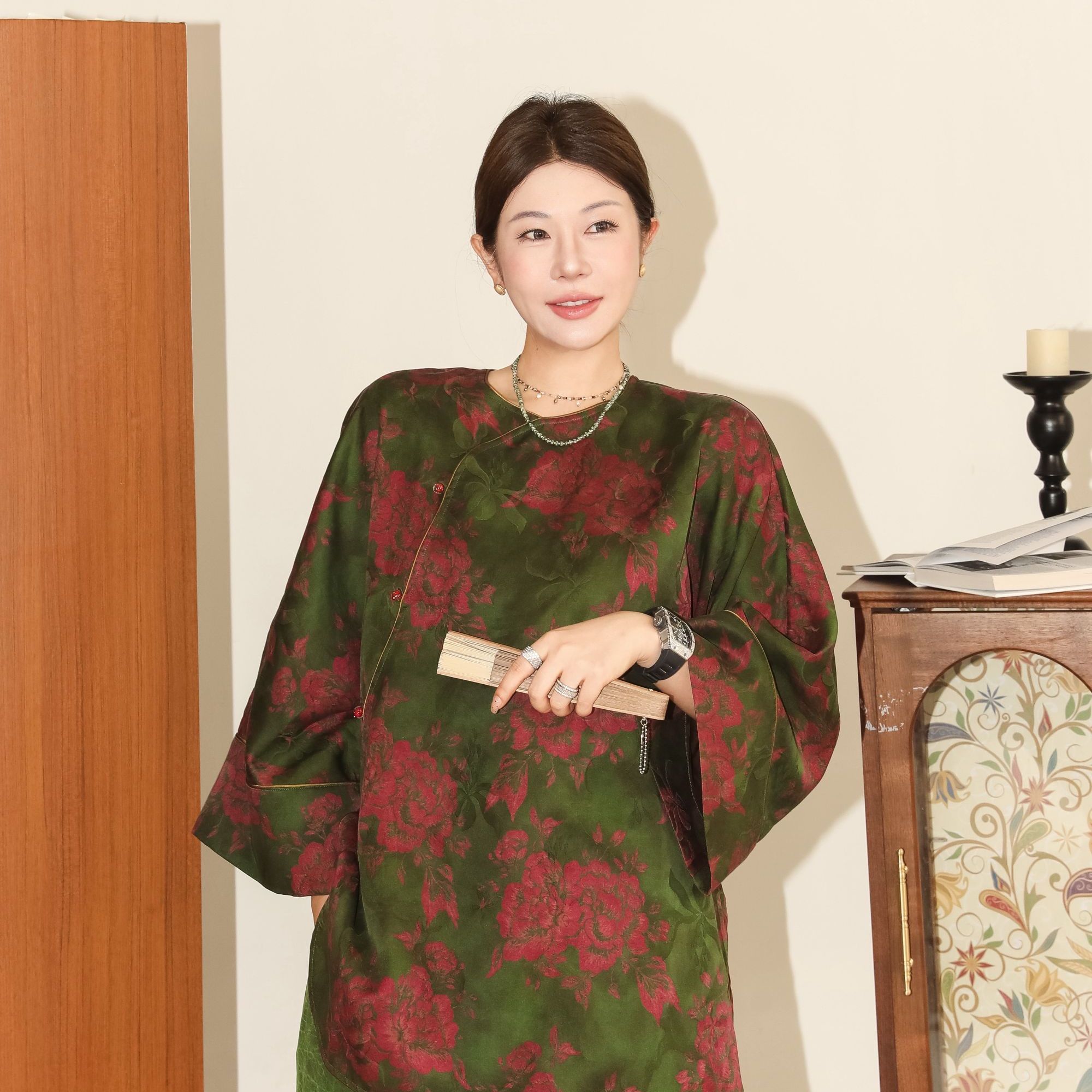 PENNYPENG 玫语青叙 重磅香云纱复古牡丹新中式真丝七分袖外套