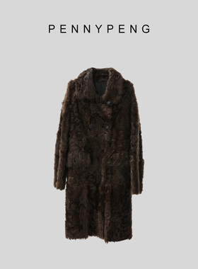 PENNYPENG 绝版手册 深咖色小湖羊皮毛一体双排扣外套 DF07068