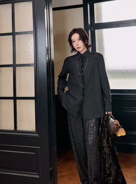 PENNYPENG 乌衣巷 黑标系列黑色翻领衬衫设计感长袖知性风DG06079