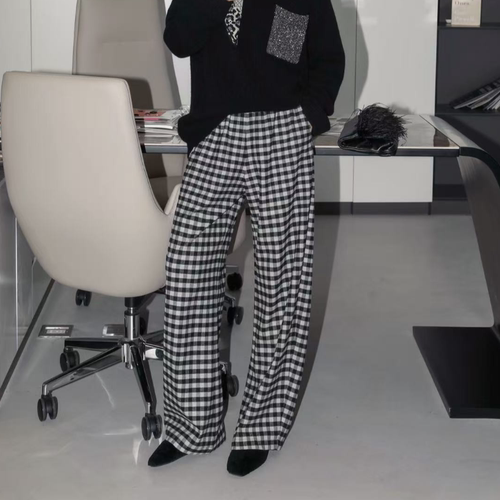 慵懒松紧腰格纹通勤休闲裤