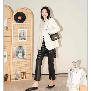 PENNYPENG巴黎超模 黑标法四弹力无涂鞣制微喇开叉高腰弹力羊皮裤