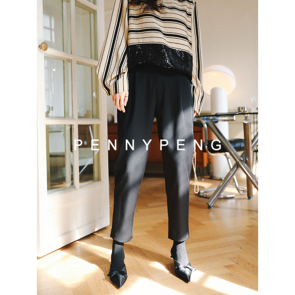 理想主义中腰黑色九分烟管裤