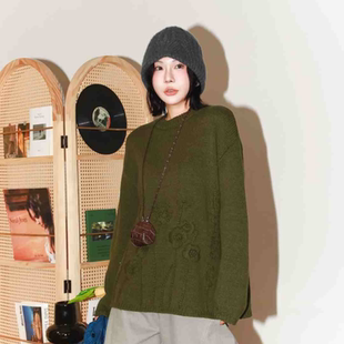 复古雪松绿圆领羊毛刺绣花朵套头衫 PENNYPENG 新款 冬季 钩花礼赞