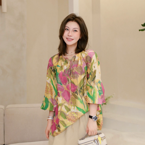 花卉撞色复古真丝印花上衣