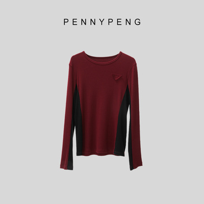 悦己红黑撞色拼接修身打底衫
