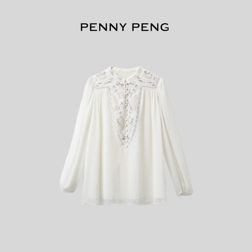 PENNYPENG珐琅 桑蚕丝宽松气质品质两色重工真丝钉珠衬衫 DG04050