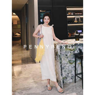 PENNYPENG南法仲夏 米黄色醋酸口袋后开叉系带挂脖连衣裙 DF05008