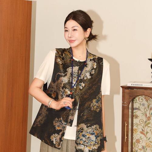 宋锦哑光柔泽新中式真丝背心上衣
