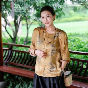 PENNYPENG 竹鎏 桑波缎提花复古姜黄开衫新中式真丝外套
