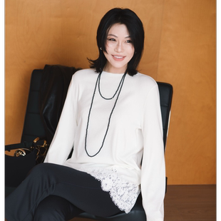 T恤 圆领拼接精致绣花蕾丝下摆磨毛针织料长袖 PENNYPENG 蕾丝秘境